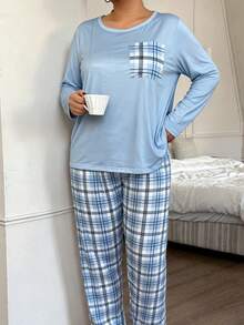 Women's Plus Size Pajama Set, Plaid Print, Long Sleeve Long Pants Loungewear Set, Autumn/Winter Clothing - Blue - View 3