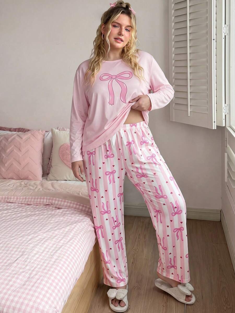 Women's Plus Size Pajama Set, Pink Butterfly Print, Long Sleeve Long Pants Loungewear Set, Autumn/Winter Clothing - Pink - View 1