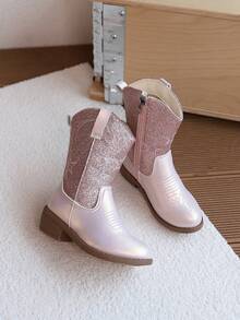 1雙女童刺繡中筒靴，兒童亮片中筒靴附側拉鍊，防滑復古時尚靴 - 粉色 - 查看 6