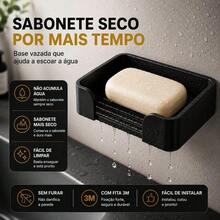 Saboneteira Parede Com Dreno Fita 3M Sem Furar Banheiro Cozinha Lavanderia - preto - Visão 4