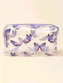 1/2pcs Butterfly Print Transparent Storage Bag, High Aesthetics, PVC Transparent Material, Zipper Closure, Convenient, Suitable For Storing Makeup, Stationery, Short Trips, Travel Organization, Direct View Of Internal Items, Gift For Girlfriend, Mother - A - View 12