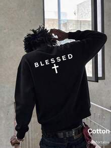 Autumn 's Crew Neck Pullover With Blessed Cross Print Long Sleeve Cotton Y2K - Black - View 2