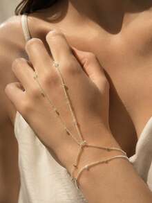 FAAABULS 1pc Gold-Tone Delicate Beaded Finger Bracelet Ring Chain, Small Dot Spaced Pendant Hand Cage Chain, Commute Daily Party Gift Hand Jewelry - Gold - View 2
