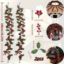 2pcs Artificial Winterberry Garland With Red Berries And Greenery - Realistic Plastic Christmas Wreath For Indoor/Outdoor Holiday Decor, Wedding, New Year - Red Fruit Rattan - View 11