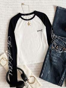 Y2K Colorblock Raglan Sleeve Short Long Sleeve T-Shirt For Women, Chest And Sleeve Letter Print Slim Fit Top, Autumn Daily Outing Back To School Campus Outfit - White - View 2