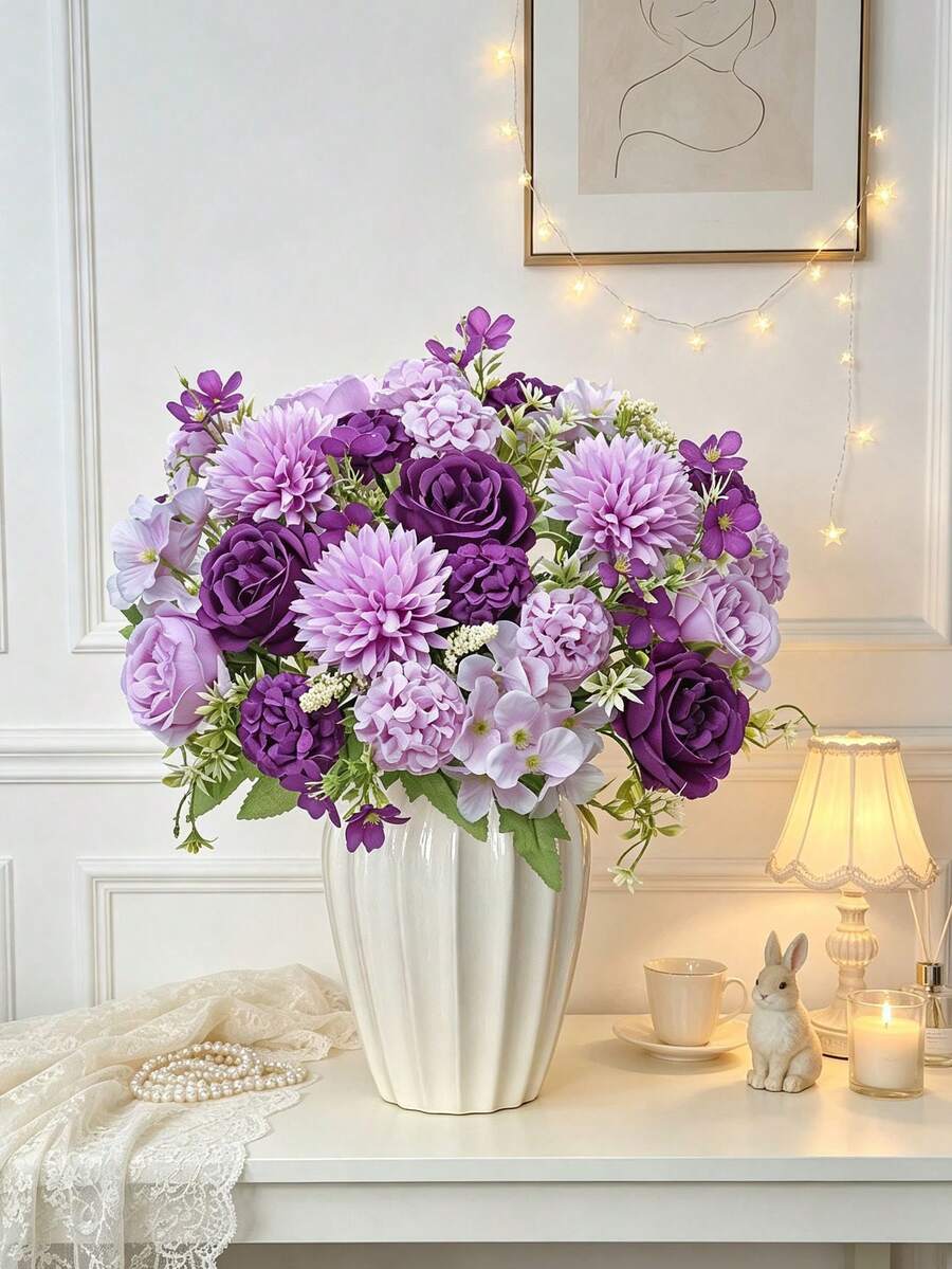 1pc Artificial Spherical Chrysanthemum Rose Bouquet, Faux Plant Decoration, Suitable For Spring/Autumn Wedding, Valentine's Day/Mother's Day/Father's Day/Holiday Birthday/Party/Wedding/Room/Home/Kitchen/Bedroom/Living Room/Dining Table Decoration/Bridal Bouquet/Outdoor Garden Decoration/Autumn Decoration - Purple - View 1