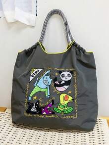New Versatile Embroidered Animal Yoga Pattern Foldable Shopping Bag Tote Bag Large Capacity Suitable For Beach Party Shoulder Handbag - Multicolor - View 4