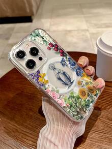 1pc Creative Personalized Full Screen Circle Colorful Flower Leaf Tree Virgin Mary Pattern, Transparent Magnetic Large Hole TPU High Transparency Anti-Drop Phone Case Suitable For Samsung, Apple Phone 11/12/13/14/14plus/15/15plus/16/16plus/7/8plus/17/17pro And Other Models Protective Cover - Multicolor - View 1