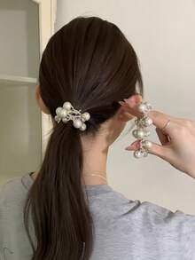 1pc Exquisite Pearl & Rhinestone Small Elastic Hair Tie, High Elasticity Hair Band, Premium Ponytail Hair Rope, Elegant Accessory For Women - Multicolor - View 2