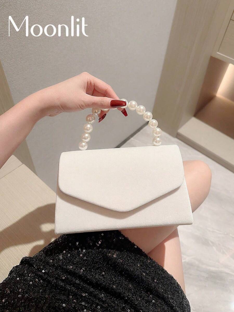 优雅女士仿珍珠细节手提浪漫包,奢华舞蹈手拿包,配有可互换肩链和翻盖闭合 Tready 新娘包,非常适合派对、婚礼、舞会、晚宴/宴会,搭配婚纱、礼服、舞会礼服、生日礼服、派对礼服、婚礼必备物品,完美搭配毕业礼服、舞会礼服 - 白色 - 查看 1