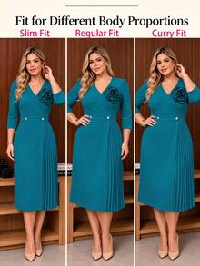 NOU Women's Mid-Length Dress, Basic V-Neck With Puffed Shoulders And 3/4 Sleeves, Large 3D Floral Decor On Chest With Pleated Design, Cinched Waist With Pearl Button Detail, Visual Slimming Effect, A-Line Skirt, Elastic Fabric For Comfortable And Unrestricted Fit, Versatile Basic Style, Suitable For Work, Commute, Office And Daily Wear - Teal Blue - View 6