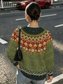Women's Autumn Clothing Green Fair Isle Print Pattern Knit Pullover Sweater, Christmas Atmosphere Outfit - Multicolor - View 3