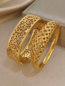 18K Gold Plated Stainless Steel, French Vintage Hollow Pattern Gold Bracelet, Women's Bracelet, Stainless Steel Jewelry, Stainless Steel Bracelet, Heavy Jewelry, Gold Plated Jewelry, Suitable For Daily Wear, Dating, Party, Beach Jewelry For Women, Bohemian Jewelry, Women's Beach Accessories, Birthday Gift, Girlfriend Gift, Mother Gift - Multicolor - View 4