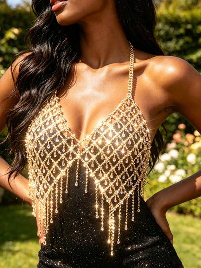 Sparkling Rhinestone Chest Chain Luxury Mesh Fashion Tassel Bra Chain, Suitable For Crop Tops, Tassel Charm Crystal Women's Lingerie