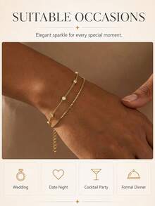 FAAABULS 1pc Minimalist Double Layer Gold Stacked Bracelet, Delicate Crystal Box Chain, Adjustable Women's Casual Wrist Accessory - Gold - View 2