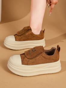 Solid Color Thick Sole Slip-On Shoes, Fashionable Suede Design, Comfortable Casual Daily Wear - Camel - View 11
