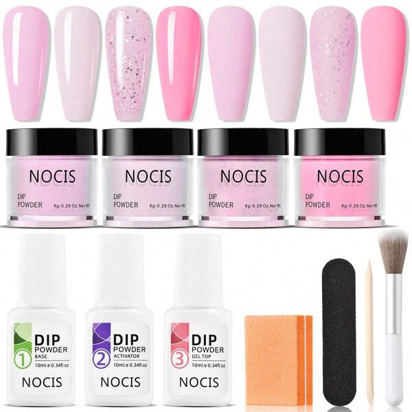 Set de Arte de Uñas con Polvo Dip NOCIS - Kit de Inicio de Arte de Uñas Acrílicas, Incluye 4 Colores de Polvo (Gris, Rosa, Negro con Brillo), Capa Base, Capa Superior, Activador, Pincel, Pulidor y Lima de Uñas - Herramientas de Arte de Uñas DIY Inodoras