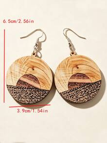1 Pair Vintage Sunset Landscape Round Wooden Ear Hooks, Western Style Patchwork Wood Grain Distant Mountain Sunset Earrings - Multicolor - View 3