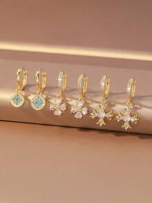 6pcs/Set Copper Zirconia Stone Fashionable High-End Multi-Element Earrings Set, Exquisite Versatile Women's Holiday Party Date Decorative Gift - Silver - View 12