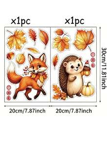2pcs Autumn Forest Animal Static Window Clings, Fox Hedgehog Squirrel Rabbit Maple Leaf Pumpkin Acorn Stickers, Glue-Free Reusable Glass Decals, Autumn Thanksgiving Home Store Window Party Decoration Gift - Multicolor - View 6