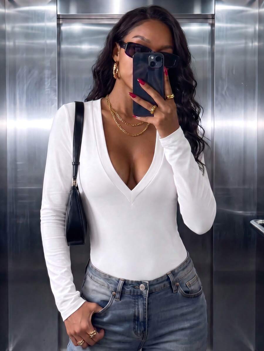 Women's Casual Deep V-Neck Long Sleeve T-Shirt For Daily Wear , Fall & Winter, Going Out, White Top - White - View 1