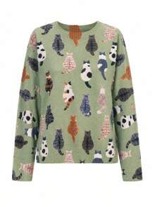 Women's Soft Long Sleeve Regular Cat Print Sweater, Medium Elasticity, Suitable For Outdoor Wear And Daily Matching In Autumn Fall - Light Green - View 7