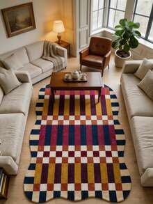 1pc Colorblock Plaid Wavy Asymmetric Rug, Autumn/Winter Thickened Carpet, Living Room Area Rug, Small Rug, Mat, Home Decor - Blue - View 2