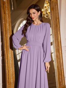 Volly Toych Elegant Long Sleeves Chiffon Maxi Bridesmaid Dress, Sleeves Without Lining, With Ruched Bust Scoop Neck For Special Occasions, Perfect For Events - Dusty Purple - View 4