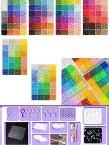 1套彩色Perler珠子套組，24種不同顏色，附Perler珠子工具與收納盒，DIY手工裝飾Perler珠子套組，鑰匙圈製作配件，生日禮物製作配件，創意手工禮物，適合生日派對小禮物，DIY手工套組 - 多色 - 查看 1