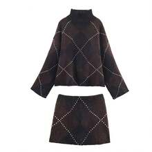 Elegant Diamond Pattern Mock Neck Long Sleeve Sweater Mini Skirt Two Pieces Outfit Casual Loose Fall Matching Set - Brown - View 9