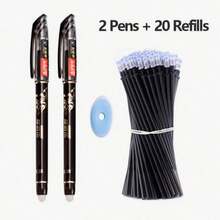 1 Pack Of 2 Pens + 20 Refills + 1 Random Color Eraser, 0.38mm Erasable Pens For Students, Refillable Smudge-Resistant Ballpoint Pens With Smooth Writing, Back To School - Multiple Styles - View 4