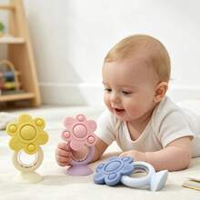 1pc Rotating Flower Rattle With Suction Cup, Silicone Baby Rattle Toy, Can Be Gripped Or Suctioned To Tabletop, Easter Thanksgiving Halloween Christmas Gift (Random Color Beads) - Multicolor - View 5