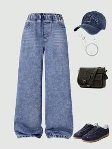 Teen Boys Fashion Casual Y2K Retro Cool Blue Denim Loose Comfortable Straight Leg Jeans - Blue - View 2