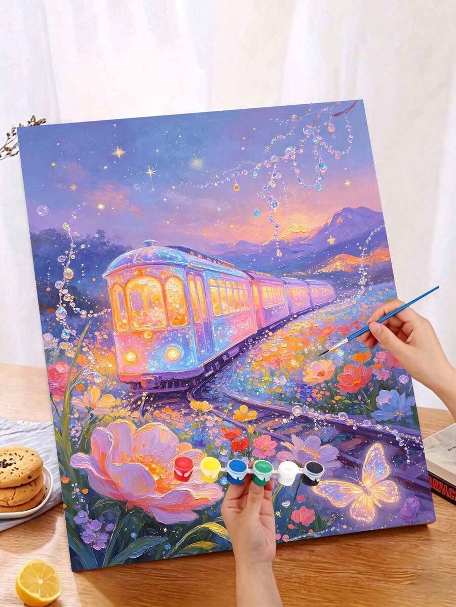 Adult Digital Oil Painting, Crystal Train DIY Acrylic Oil Painting Kit, Canvas Material Includes Drawing Tools, Adult Digital Oil Painting Set, Home Decor Painting.