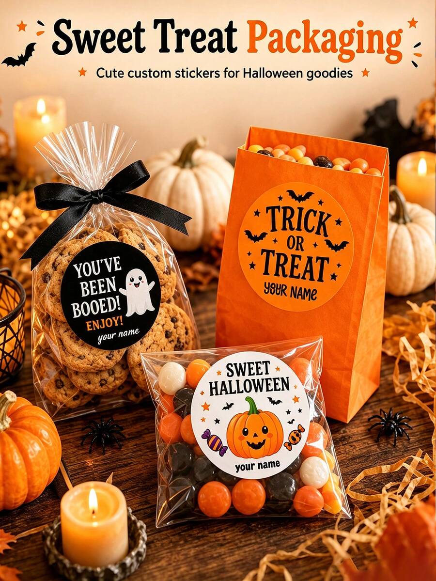 Custom Halloween Round Stickers, Personalized Text Date Name Labels, Ghost Pumpkin Bat Pattern Design, DIY Gift Bags Jars Cookie Boxes Decoration, Suitable For Halloween Party Favors - Multicolor - View 1