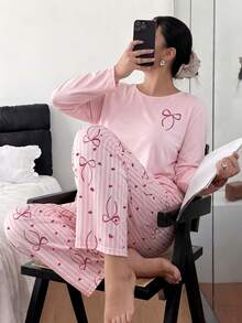 Women's Plus Size Pajama Set, Striped Bow Print, Long Sleeve Long Pants Loungewear Set, Autumn/Winter Clothing - Pink - View 5
