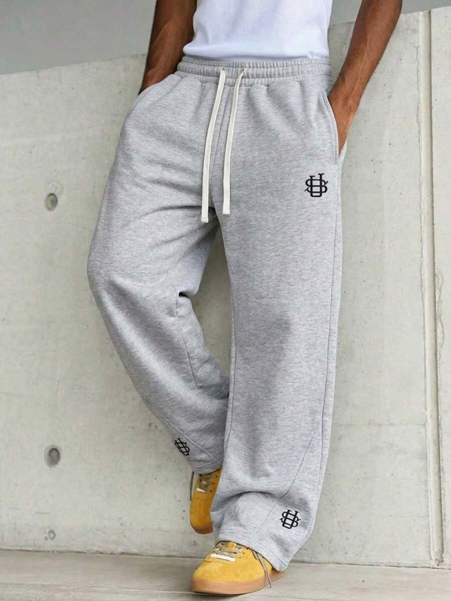 Men's American Lazy Style Floral Gray Wide Leg Sweatpants, 3D Pleated Elastic Drawstring Drape Floor-Length Loose Straight Leg Casual Sports Long Pants - Light Grey - View 1