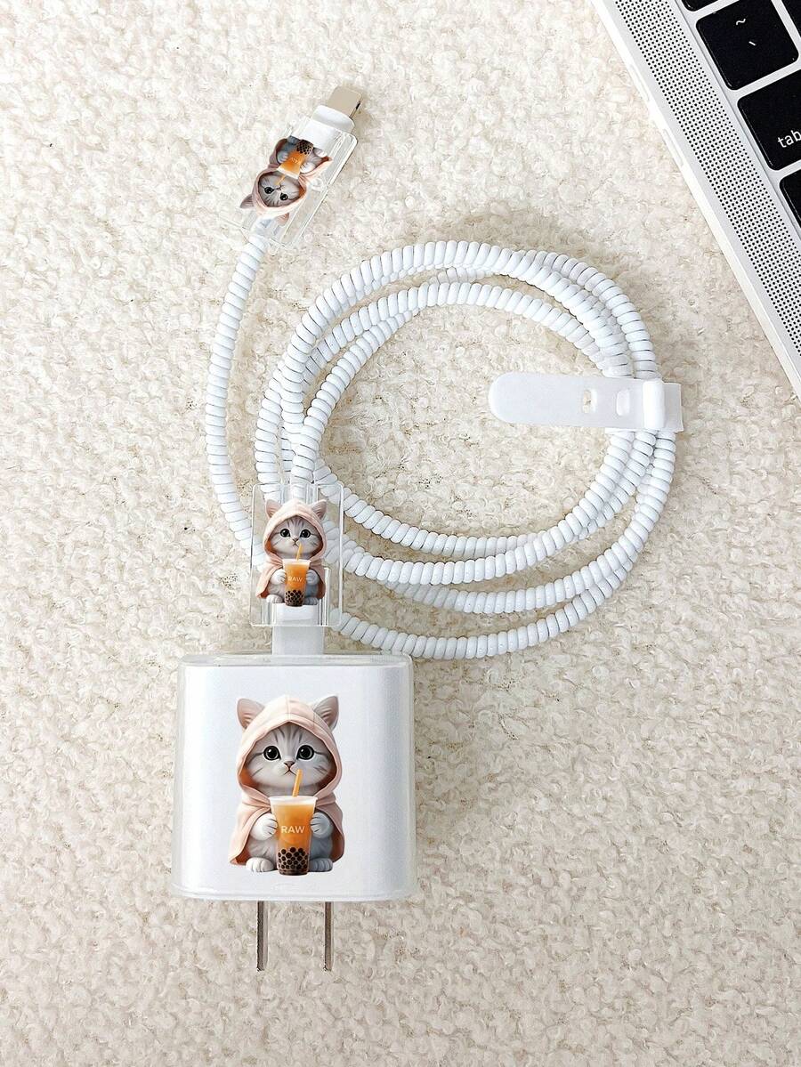 Drinking Milk Tea Cat Data Cable Storage Protection Set, Suitable Compatible With Apple/18W20W Mobile Charging Cable Fixed Clip Protection Set, Data Cable Anti Break, Cute Cat Data Cable Protection Set - Multicolor - View 1
