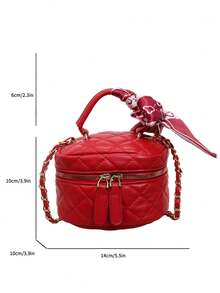 Handbag With Quilted Diamond Pattern And Scarf Accessory, Exquisite Storage With Zipper Closure, Suitable For Travel, Gatherings, Dates, Shopping, With Metal Chain For Multiple Carrying Ways, Elegant Box Handbag, Fashionable Small Bag For Various Outfit Styles - Red - View 2