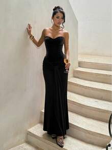 Autumn Solid Color Velvet Bandeau Dress With Ribbon Tie, Elegant Dress For Party And Date - Black - View 3