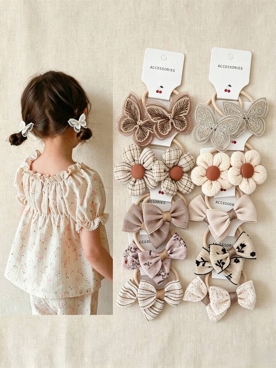 10-Piece Girls' Hair Tie Set, Featuring Embroidered Bow And Flower Bow Hair Ties, Soft Elastic Hair Ties, And Cute Everyday Hairstyle Accessories. - Multicolor - View 1
