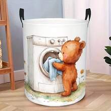 1pc Cartoon Bear Washing Machine Pattern Foldable Laundry Hamper With Handles, Large Capacity Storage Basket, Multifunctional Organizer Bin For Dirty Clothes & Sundries, Lovely Home Decor For Bedroom, Bathroom & Dormitory - Multicolor - View 6