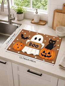 1pc Black Cat Pumpkin Ghost Bat Print Home Kitchen Decor Dish Drying Mat, Coffee Mat, Fun Halloween Cartoon Style, Soft Stain-Resistant, Easy To Clean, Halloween Gift, Suitable For Halloween Party, Halloween Home Decor, Kitchen Accessories - Multicolor - View 12