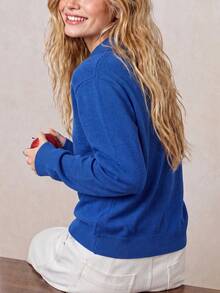 Women's New Autumn Casual Minimalist Preppy Style Blue Ribbed Knit Long Sleeve Polo Collar Pullover Sweater - Blue - View 2