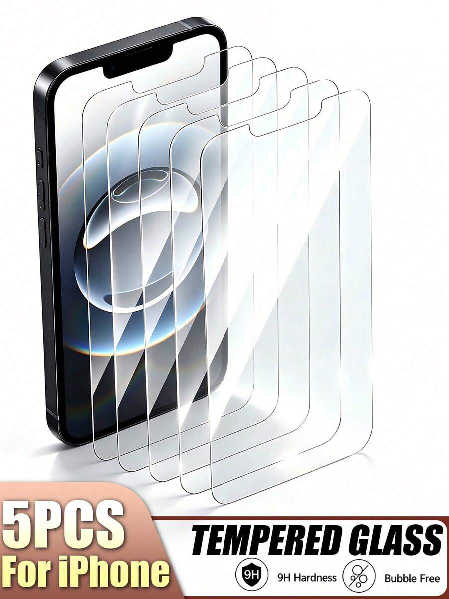 5pcs High Definition Tempered Glass Screen Protector, Compatible With Apple Models, 1:1 High Definition Image Quality, Scratch-Resistant, Shatter-Resistant, Durable, Suitable For Apple X/XR/11/12/13/14/15/16/16 Plus/16 Pro/16 Pro Max/17 Promax/17 Pro/17/17 Air Full Series