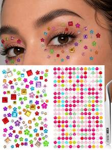 2/4 Sheets Love Square Flower Face Sticker, Stage Makeup Decal, Self-Adhesive Glue-Free Eye Makeup Rhinestone Decoration, Suitable For Holidays, Parties And Events, Nail Art Decoration, Concert Look, Create Clear Atmosphere Makeup Look - Multicolor - View 13
