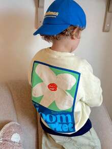 1pc Baby Boy Round Neck Sweatshirt, Contrast Color Square Frame Floral Bloom Market Letter Print, Loose Fit, Spring/Autumn, Light Apricot, Fresh Artistic Versatile Casual Kids Wear - Apricot - View 3