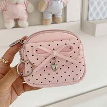Monedero pequeño con estampado de lunares y lazo, llavero con colgante de corazón y ranura interior para tarjetas. - Multicolor - Ver 12