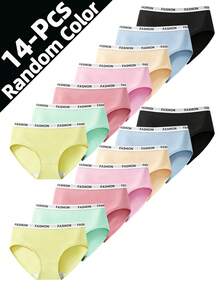 14pcs Girls Candy Color Comfortable Breathable Polyester Thin Fitted Triangle Panties, Suitable For - Multicolor - View 1