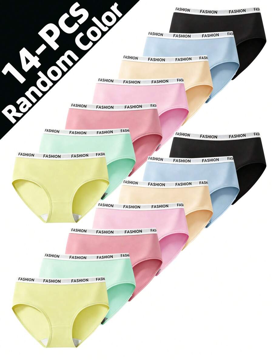 14pcs Girls Candy Color Comfortable Breathable Polyester Thin Fitted Triangle Panties, Suitable For - Multicolor - View 1